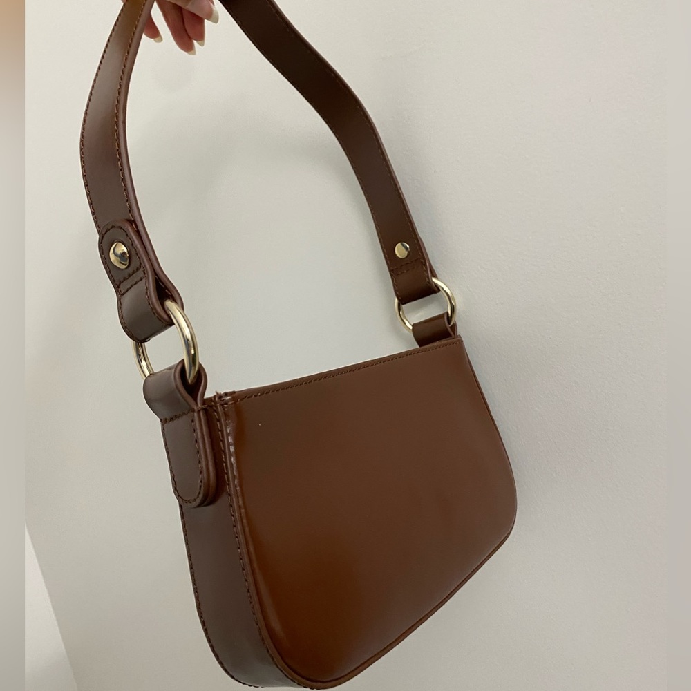 ASOS Leather 90s shoulder Bag Handbag Purse Rectangle Chocolate Brown Gold NWT - Picture 7 of 16